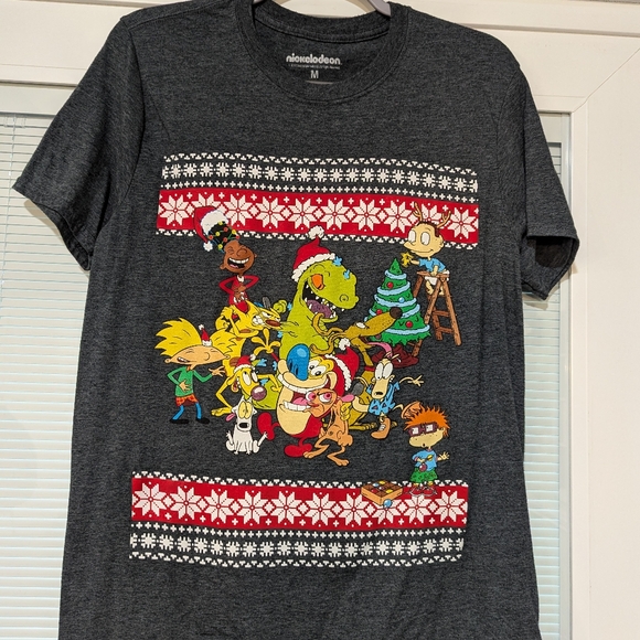 Nickelodeon Christmas Tee T-shirt Medium Rugrats Ren and Stimpy Hey Arnold - Picture 1 of 3